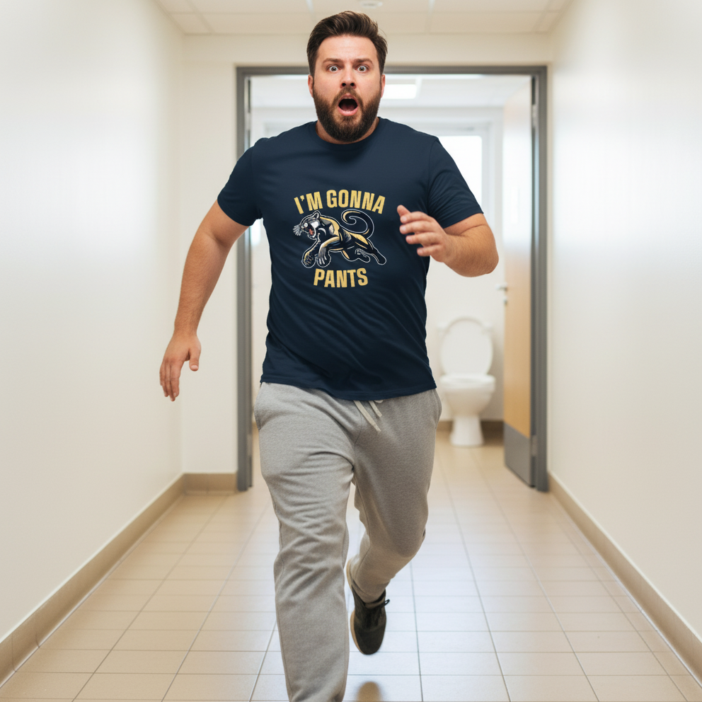 Man running in a bathroom wearing a navy blue t-shirt with a humorous graphic and text.
