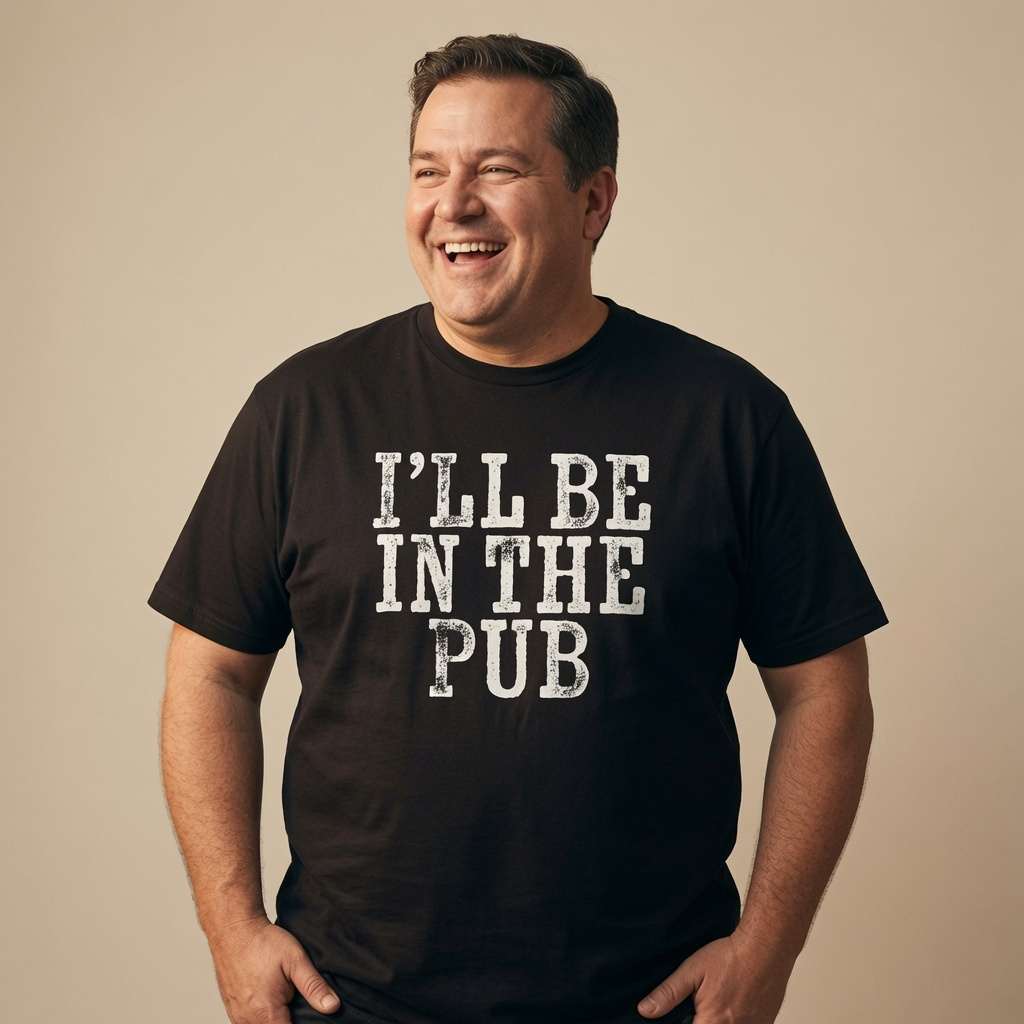 Man laughing with hands in pockets in black I’ll Be in the Pub tee, mens funny pub banter