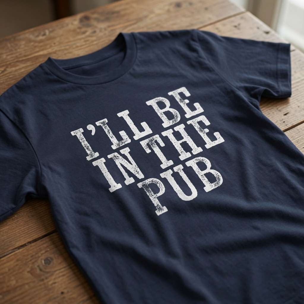 Navy I’ll Be in the Pub t-shirt on wood, mens funny witty ultimate dad gift beer