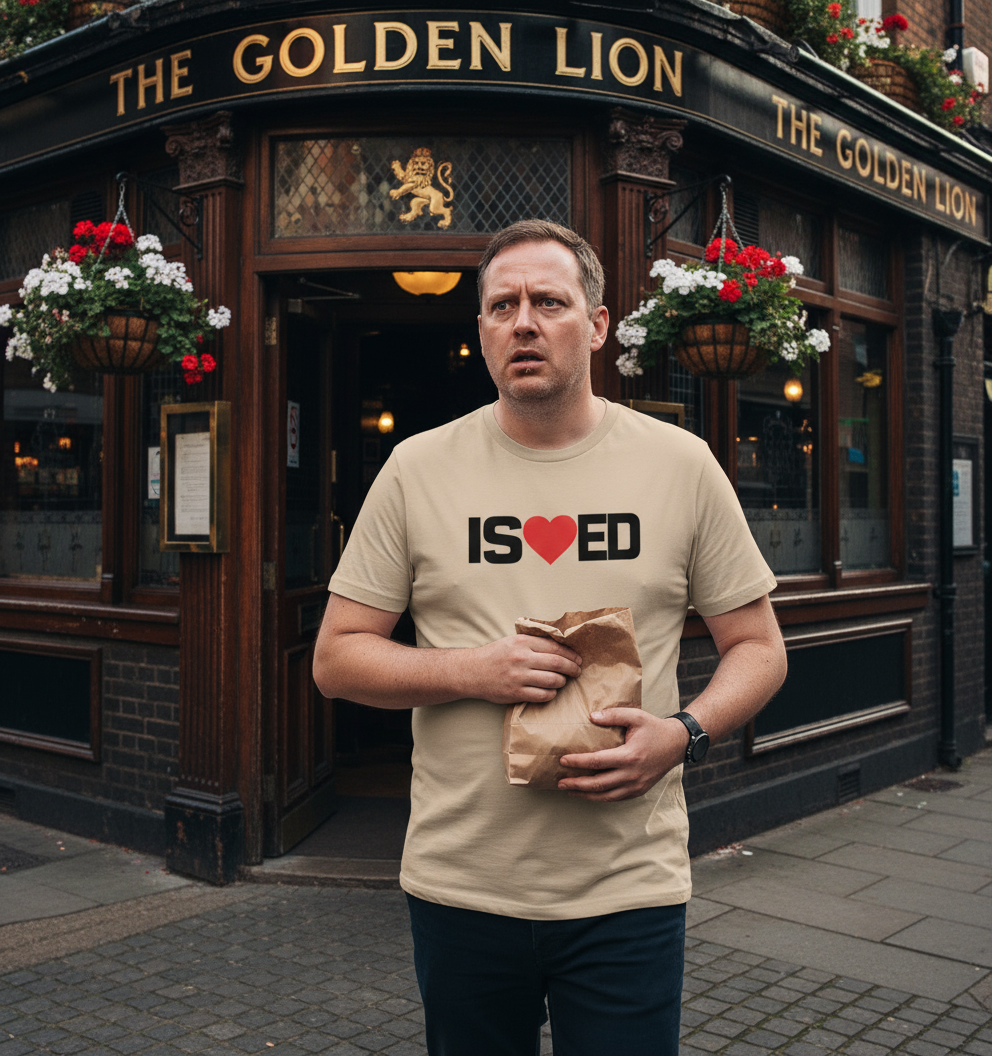 Man holding a paper bag in front of 'The Golden Lion' pub