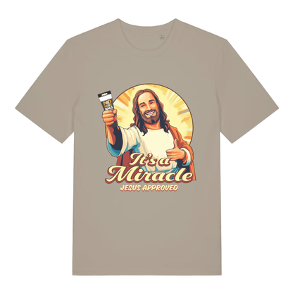 Beige It’s A Miracle funny graphic t-shirt with Jesus holding No More Nails tube and “It’s a Miracle Jesus Approved” text  