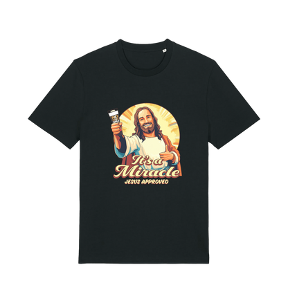 black funny jesus t-shirt with the graphic of jesus holding a tube of no more nails and the slogan 'it's a miracle jesus approved'