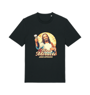 black funny jesus t-shirt with the graphic of jesus holding a tube of no more nails and the slogan 'it's a miracle jesus approved'