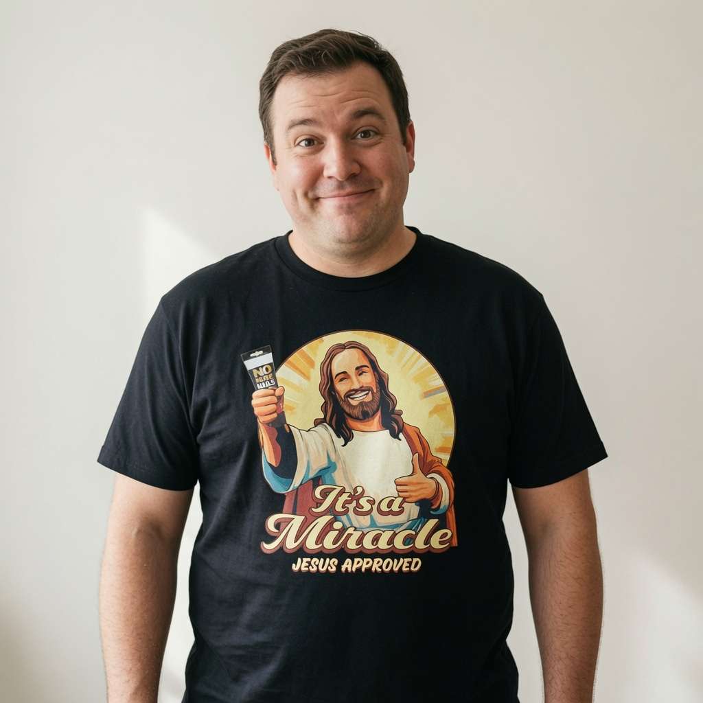 Man smiling in black It’s a Miracle Jesus Approved tee with Jesus No More Nails design, mens funny offensive jesus