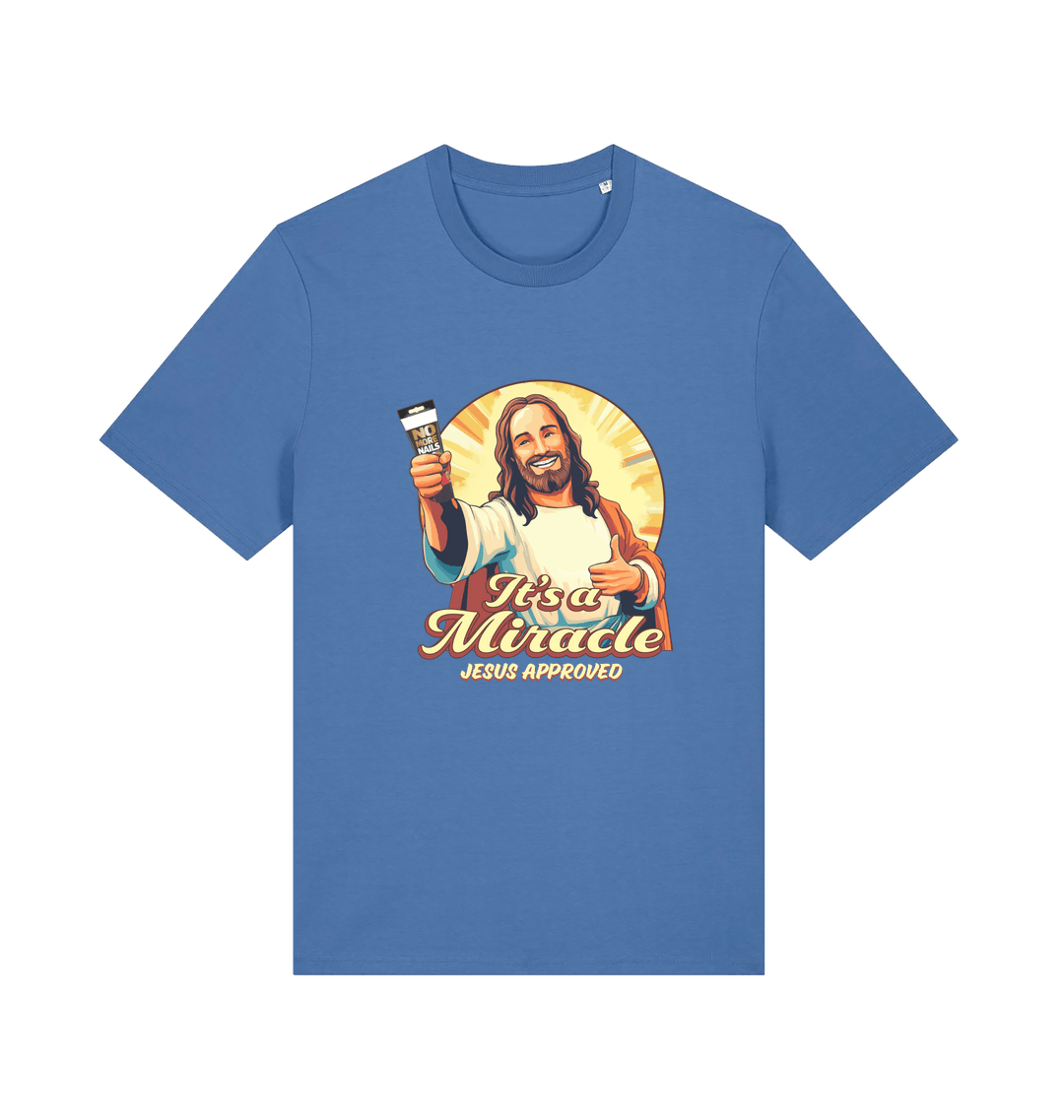 blue funny jesus t-shirt with the graphic of jesus holding a tube of no more nails and the slogan 'it's a miracle jesus approved'