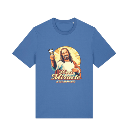 blue funny jesus t-shirt with the graphic of jesus holding a tube of no more nails and the slogan 'it's a miracle jesus approved'