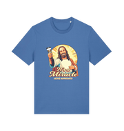 blue funny jesus t-shirt with the graphic of jesus holding a tube of no more nails and the slogan 'it's a miracle jesus approved'