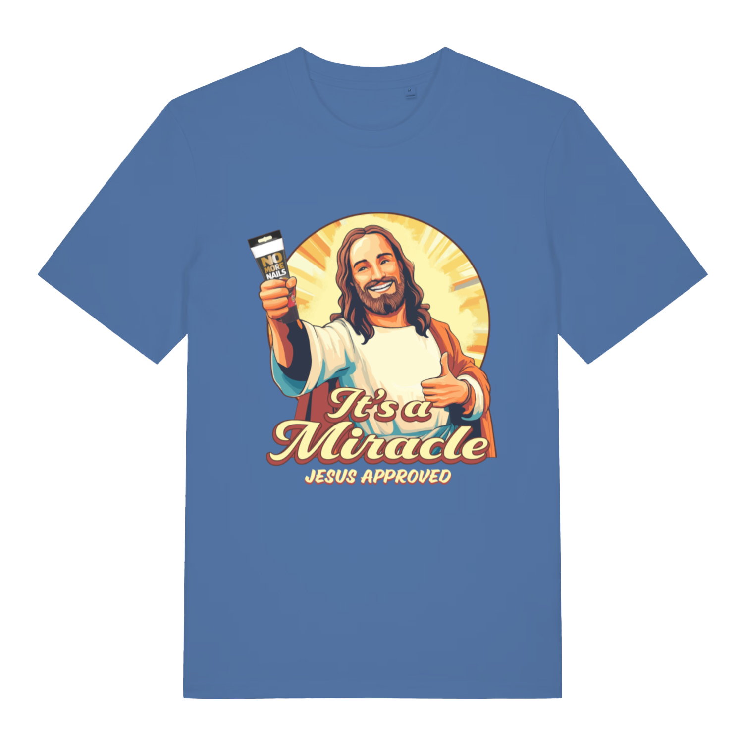 Blue It’s A Miracle funny graphic t-shirt showing Jesus giving thumbs up to No More Nails with “It’s a Miracle” lettering  
