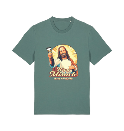 green funny jesus t-shirt with the graphic of jesus holding a tube of no more nails and the slogan 'it's a miracle jesus approved'