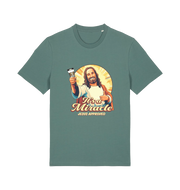 green funny jesus t-shirt with the graphic of jesus holding a tube of no more nails and the slogan 'it's a miracle jesus approved'