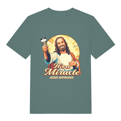 Green It’s A Miracle funny graphic t-shirt with humorous Jesus No More Nails graphic and “Jesus Approved” slogan  