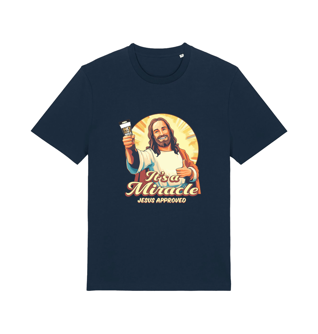 navy funny jesus t-shirt with the graphic of jesus holding a tube of no more nails and the slogan 'it's a miracle jesus approved'