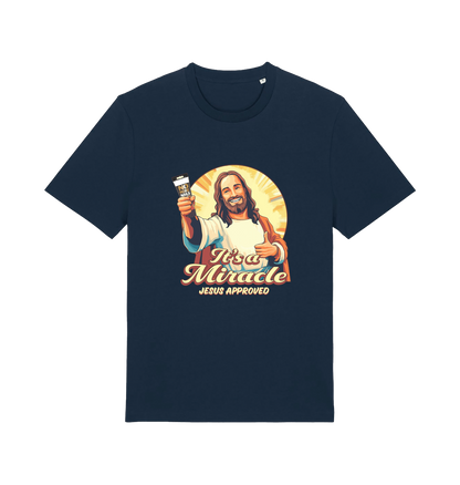 navy funny jesus t-shirt with the graphic of jesus holding a tube of no more nails and the slogan 'it's a miracle jesus approved'