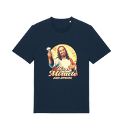 navy funny jesus t-shirt with the graphic of jesus holding a tube of no more nails and the slogan 'it's a miracle jesus approved'
