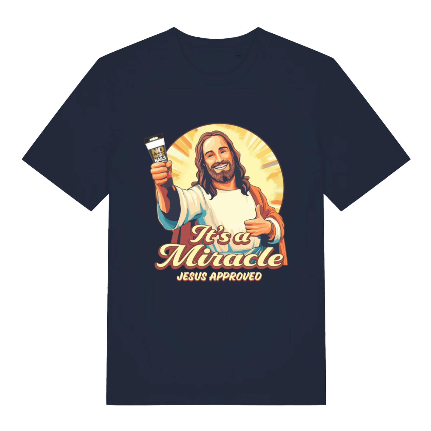 Navy It’s A Miracle funny graphic t-shirt displaying Jesus holding adhesive tube and bold “It’s a Miracle Jesus Approved” text  