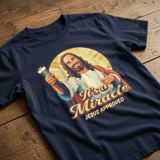 Navy It’s a Miracle Jesus Approved t-shirt on wood featuring Jesus with No More Nails, mens the ultimate funny offensive graphic