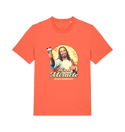 orange funny jesus t-shirt with the graphic of jesus holding a tube of no more nails and the slogan 'it's a miracle jesus approved'