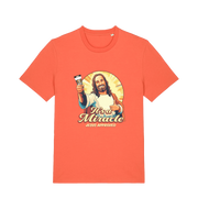 orange funny jesus t-shirt with the graphic of jesus holding a tube of no more nails and the slogan 'it's a miracle jesus approved'