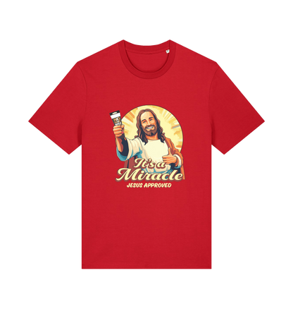 red funny jesus t-shirt with the graphic of jesus holding a tube of no more nails and the slogan 'it's a miracle jesus approved'