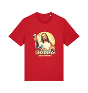 red funny jesus t-shirt with the graphic of jesus holding a tube of no more nails and the slogan 'it's a miracle jesus approved'