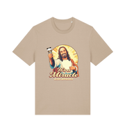 beige funny jesus t-shirt with the graphic of jesus holding a tube of no more nails and the slogan 'it's a miracle jesus approved'