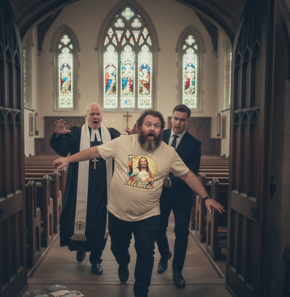 Man in a church with a shirt featuring a religious figure, surrounded by two other men.