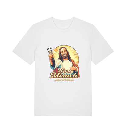 white funny jesus t-shirt with the graphic of jesus holding a tube of no more nails and the slogan 'it's a miracle jesus approved'