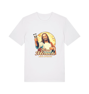 white funny jesus t-shirt with the graphic of jesus holding a tube of no more nails and the slogan 'it's a miracle jesus approved'