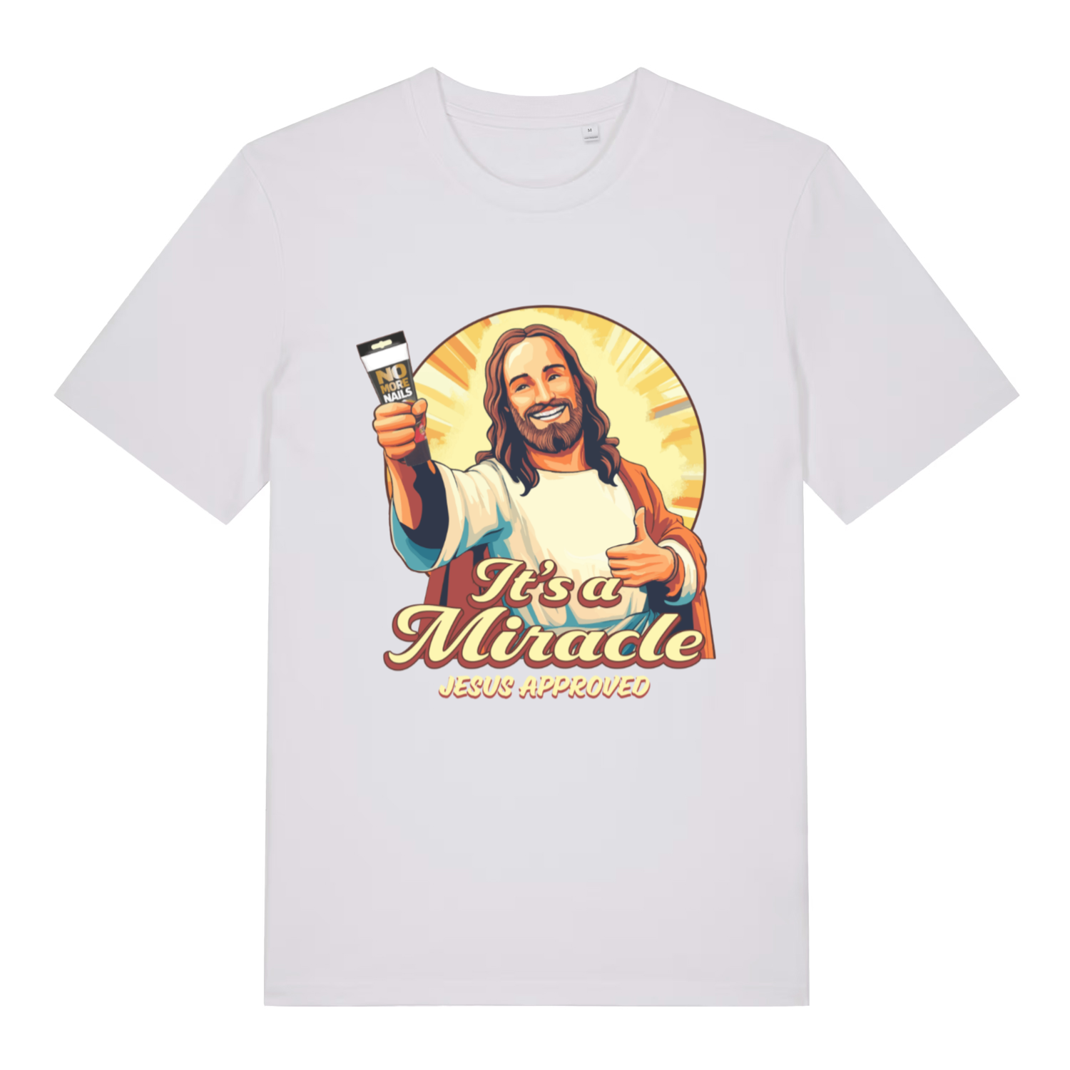 White It’s A Miracle funny graphic t-shirt featuring detailed Jesus No More Nails design with “It’s a Miracle” caption  