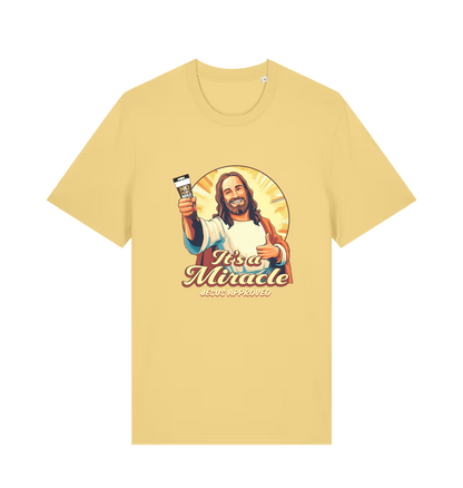 yellow funny jesus t-shirt with the graphic of jesus holding a tube of no more nails and the slogan 'it's a miracle jesus approved'