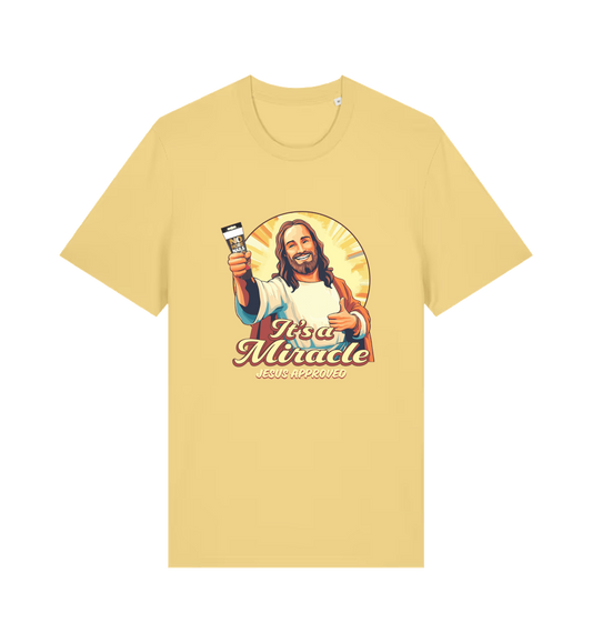yellow funny jesus t-shirt with the graphic of jesus holding a tube of no more nails and the slogan 'it's a miracle jesus approved'