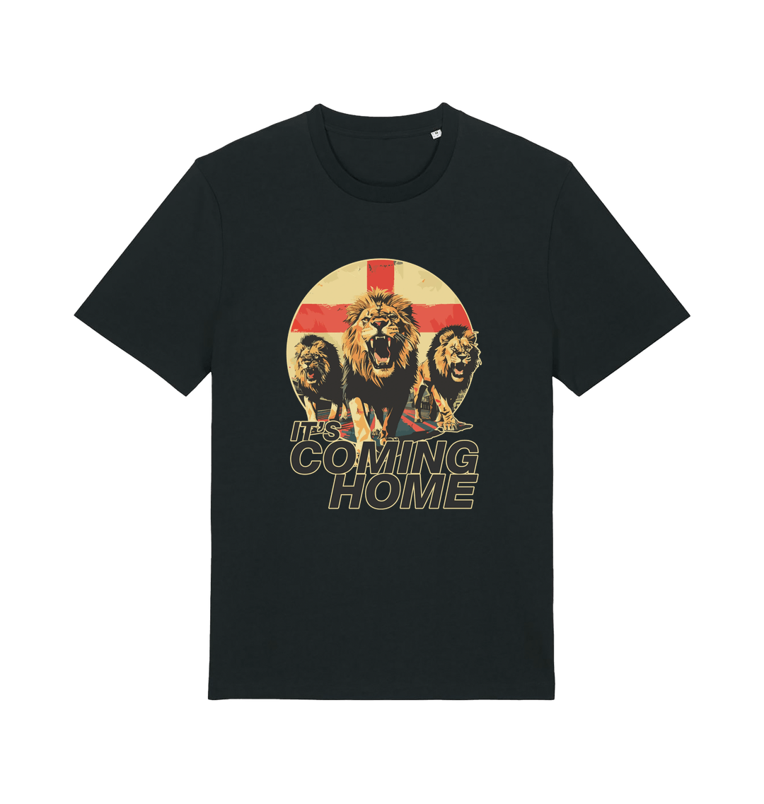 black football t-shirt with the graphic of three lions and the slogan 'it's coming home'