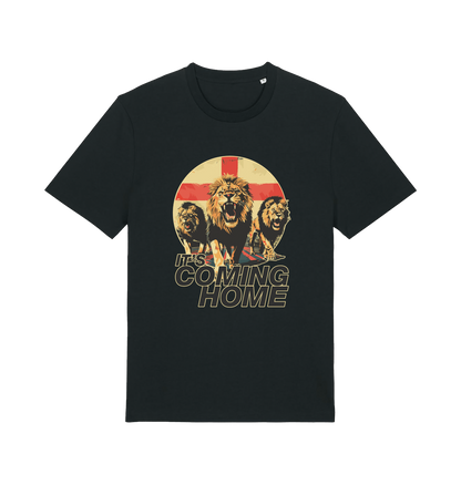 black football t-shirt with the graphic of three lions and the slogan 'it's coming home'