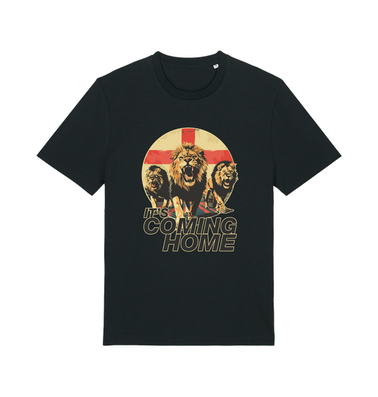 black football t-shirt with the graphic of three lions and the slogan 'it's coming home'