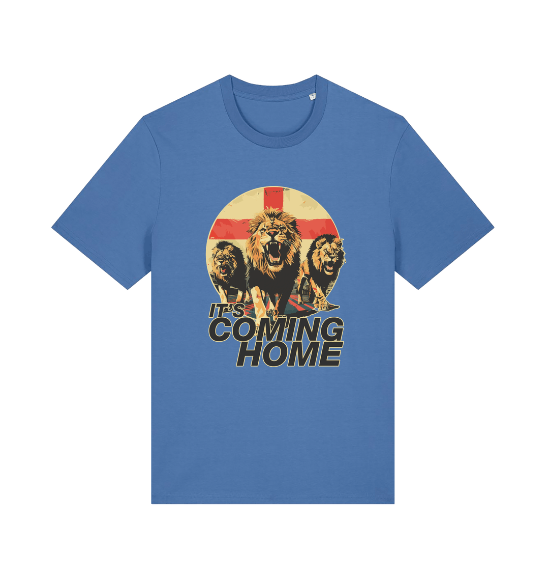 blue football t-shirt with the graphic of three lions and the slogan 'it's coming home'