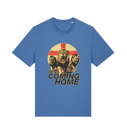 blue football t-shirt with the graphic of three lions and the slogan 'it's coming home'