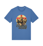 blue football t-shirt with the graphic of three lions and the slogan 'it's coming home'