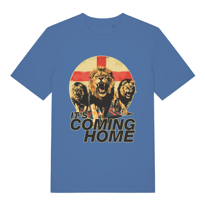 Blue It’s Coming Home funny graphic t-shirt featuring Three Lions graphic and “IT’S COMING HOME” football slogan  