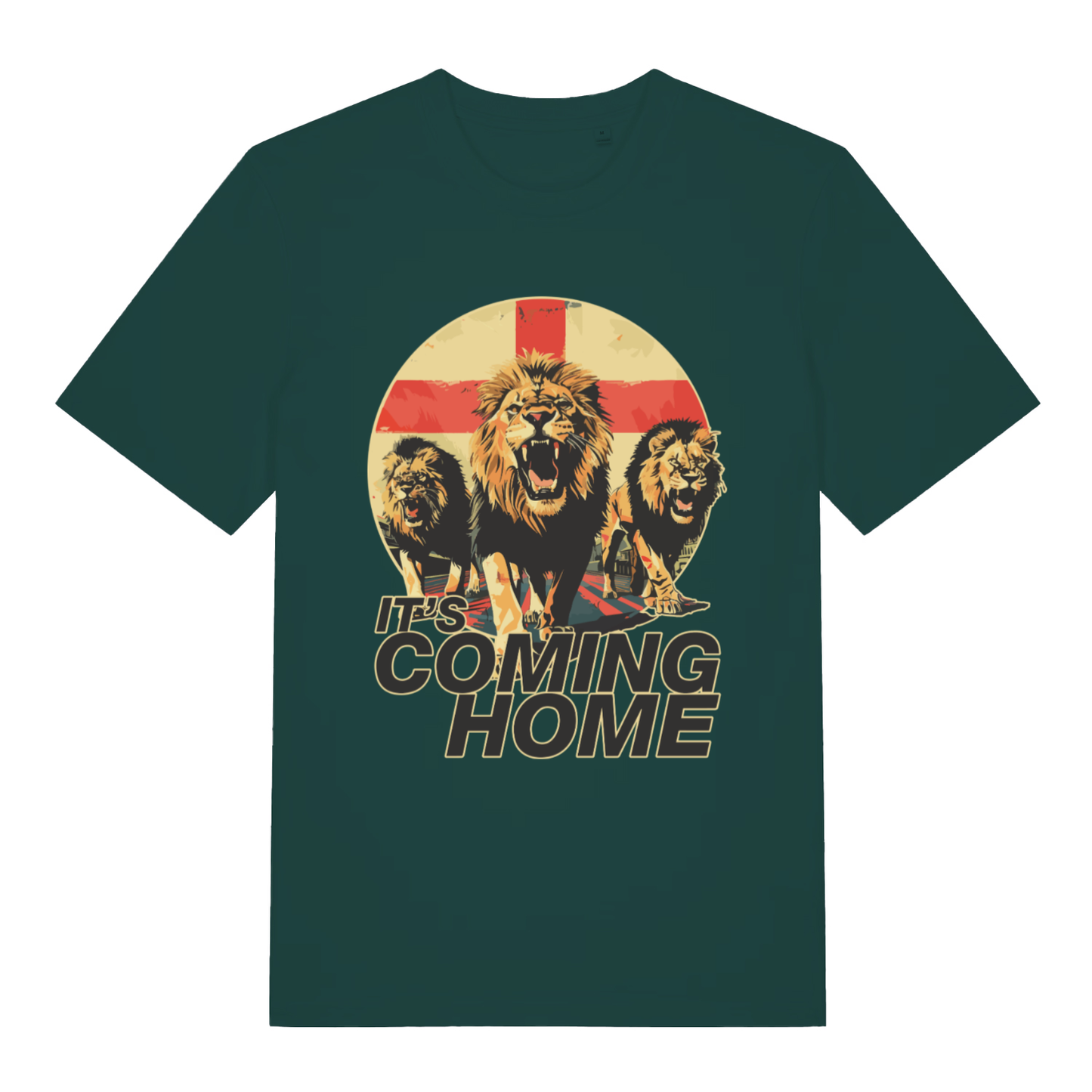 Green It’s Coming Home funny graphic t-shirt showing fierce Three Lions and “IT’S COMING HOME” lettering  
