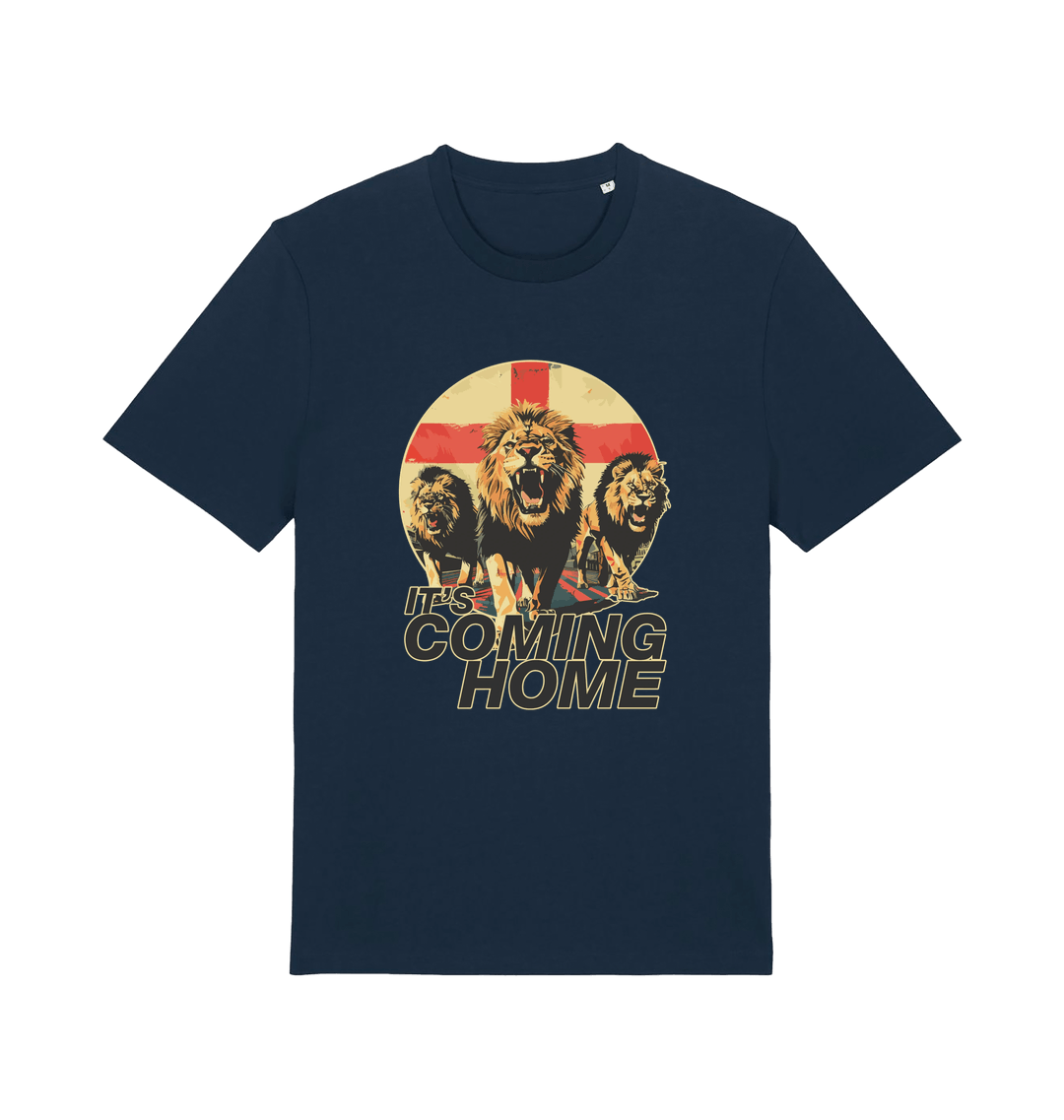 navy football t-shirt with the graphic of three lions and the slogan 'it's coming home'