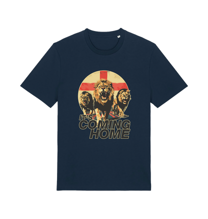 navy football t-shirt with the graphic of three lions and the slogan 'it's coming home'