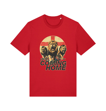 red football t-shirt with the graphic of three lions and the slogan 'it's coming home'