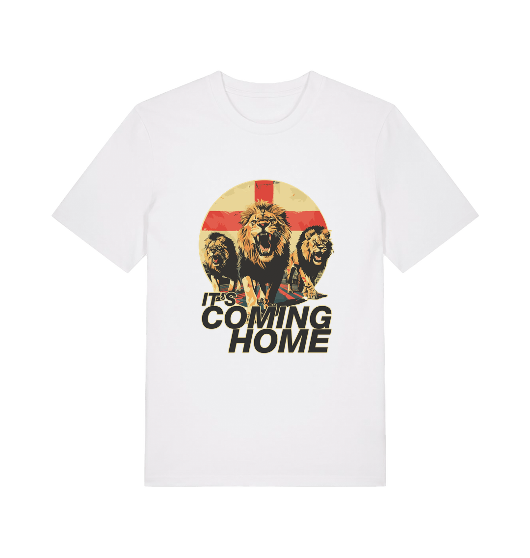 white football t-shirt with the graphic of three lions and the slogan 'it's coming home'