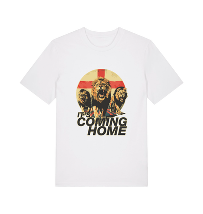 white football t-shirt with the graphic of three lions and the slogan 'it's coming home'