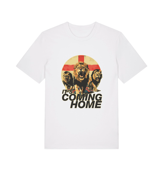 white football t-shirt with the graphic of three lions and the slogan 'it's coming home'