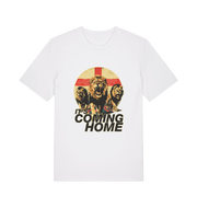 white football t-shirt with the graphic of three lions and the slogan 'it's coming home'