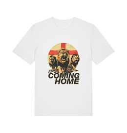 white football t-shirt with the graphic of three lions and the slogan 'it's coming home'
