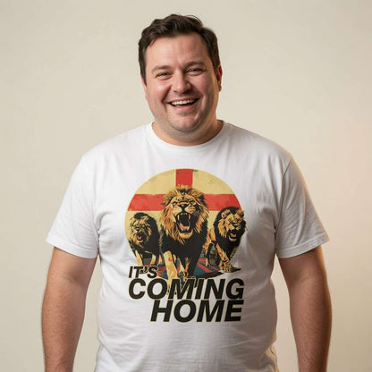 Man smiling in white It’s Coming Home tee featuring three lions design, mens england lions football