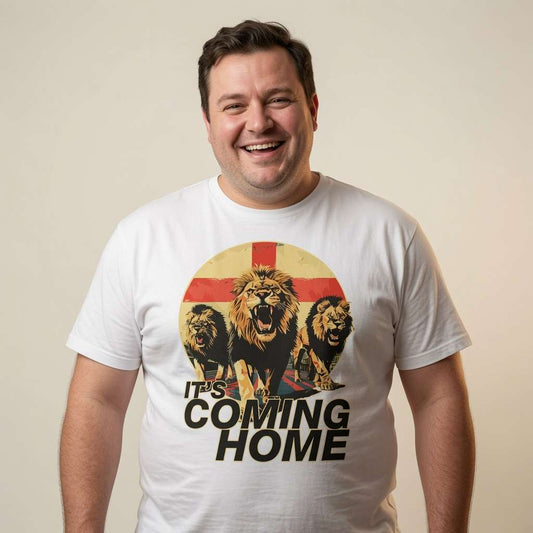 Man smiling in white It’s Coming Home tee featuring three lions design, mens england lions football