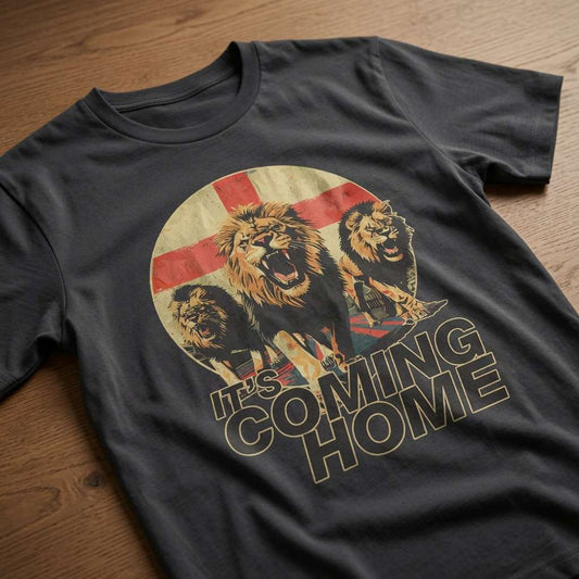 Black It’s Coming Home t-shirt on wood featuring three lions and England flag, england football three lions
